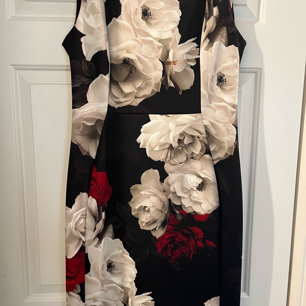 Calvin Klein Cream and Red Sheath Midi Dress